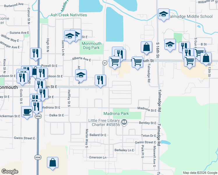 map of restaurants, bars, coffee shops, grocery stores, and more near 101 Edwards Road in Monmouth
