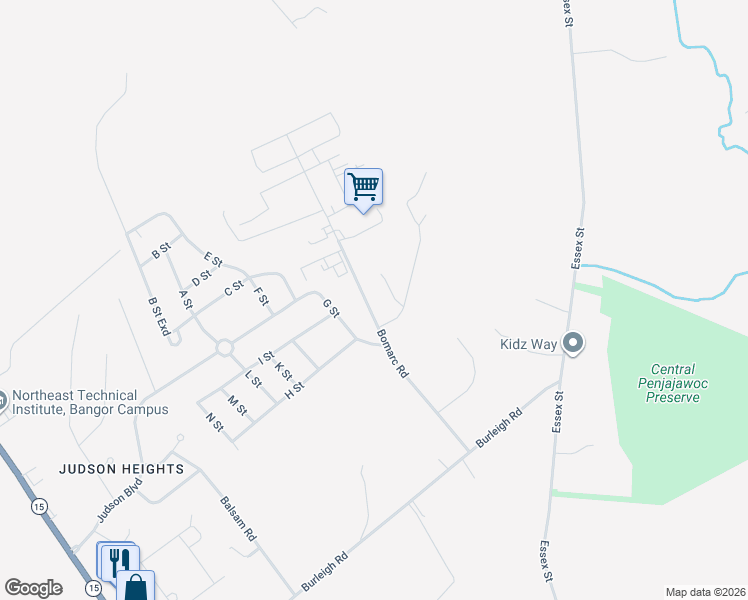 map of restaurants, bars, coffee shops, grocery stores, and more near 159 Bomarc Road in Bangor