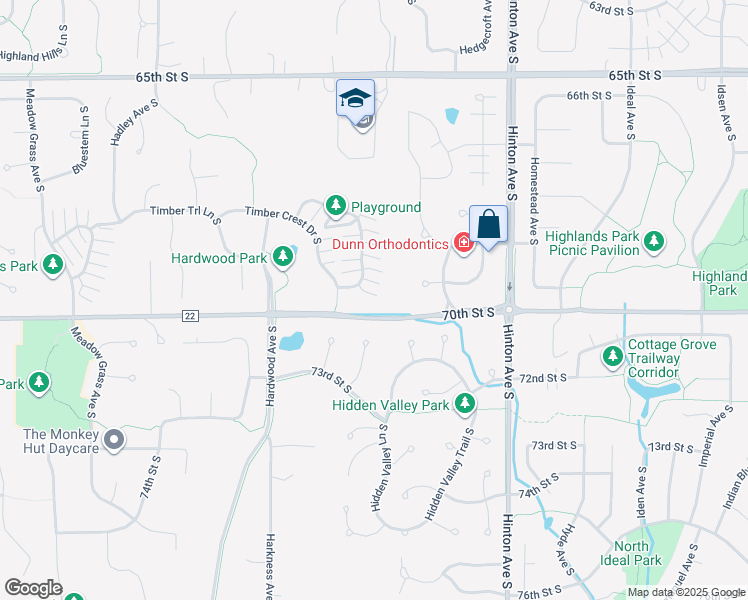 map of restaurants, bars, coffee shops, grocery stores, and more near 6885 Pine Crest Trail South in Cottage Grove