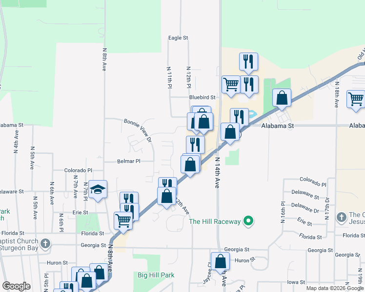 map of restaurants, bars, coffee shops, grocery stores, and more near 1116 Egg Harbor Road in Sturgeon Bay