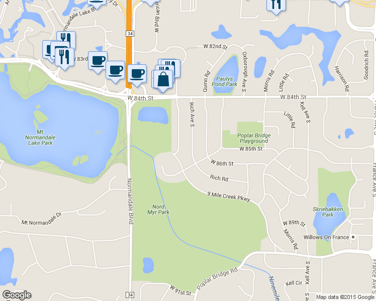 map of restaurants, bars, coffee shops, grocery stores, and more near 8532 Rich Avenue South in Minneapolis