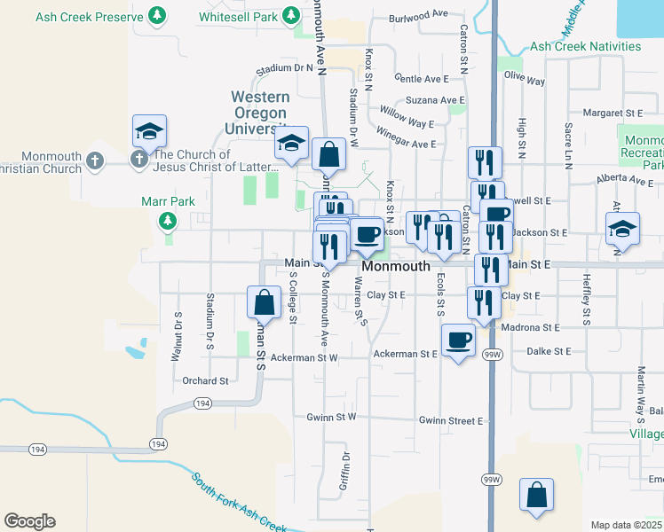 map of restaurants, bars, coffee shops, grocery stores, and more near 173 Main Street West in Monmouth