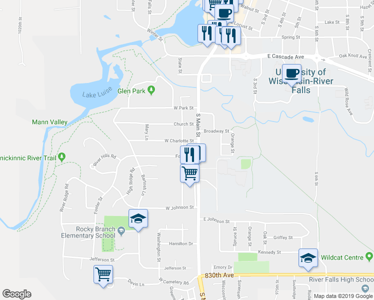 map of restaurants, bars, coffee shops, grocery stores, and more near 906 State Street in River Falls