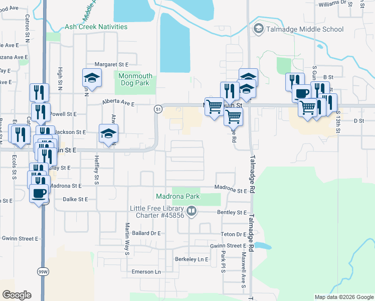 map of restaurants, bars, coffee shops, grocery stores, and more near 101 Edwards Road in Monmouth