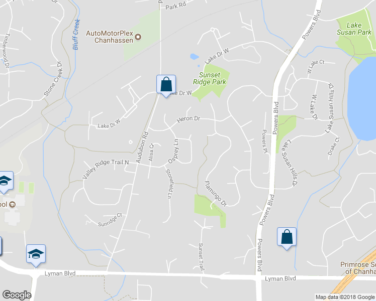 map of restaurants, bars, coffee shops, grocery stores, and more near 1563 Bluebill Trail in Chanhassen