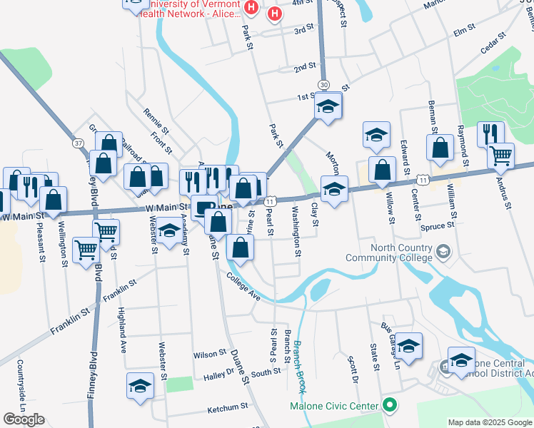 map of restaurants, bars, coffee shops, grocery stores, and more near 13 Pearl Street in Malone