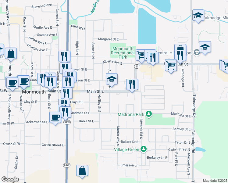 map of restaurants, bars, coffee shops, grocery stores, and more near 1140 Main Street East in Monmouth