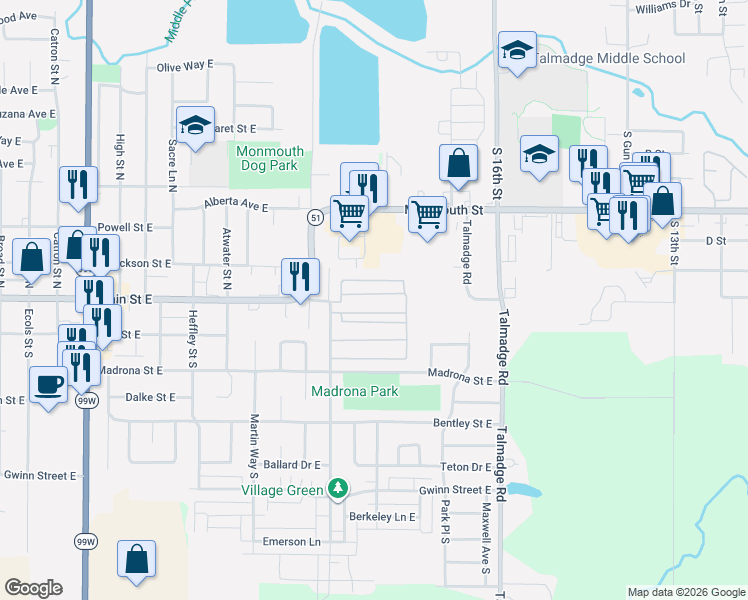 map of restaurants, bars, coffee shops, grocery stores, and more near 151 Edwards Road South in Monmouth