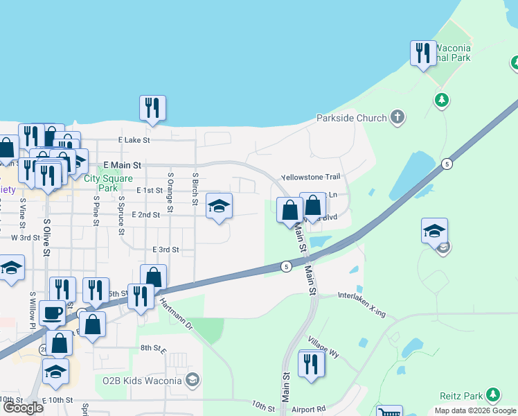 map of restaurants, bars, coffee shops, grocery stores, and more near 656 East 2nd Street in Waconia