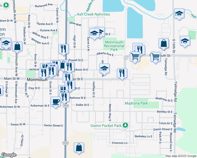 map of restaurants, bars, coffee shops, grocery stores, and more near 122 Atwater Street South in Monmouth
