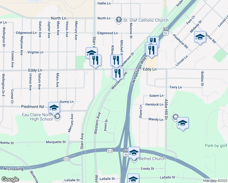 map of restaurants, bars, coffee shops, grocery stores, and more near 2861 Western Avenue in Eau Claire