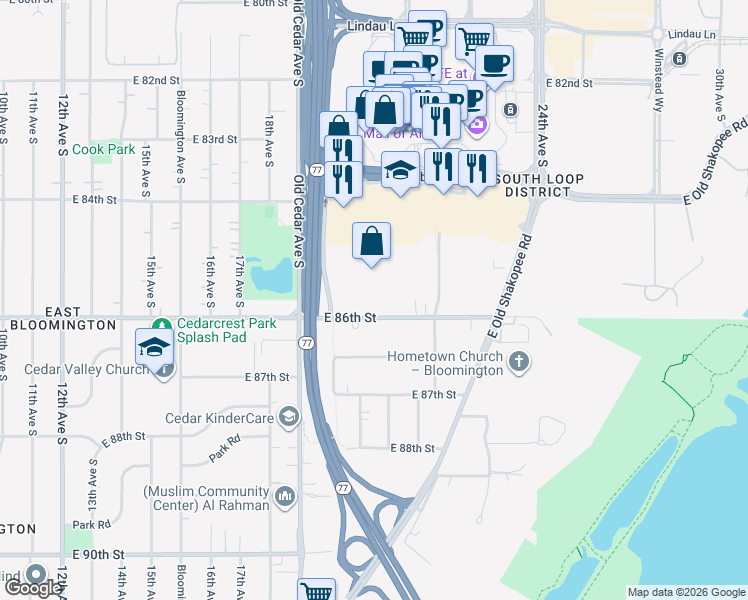 map of restaurants, bars, coffee shops, grocery stores, and more near 1930 East 86th Street in Bloomington