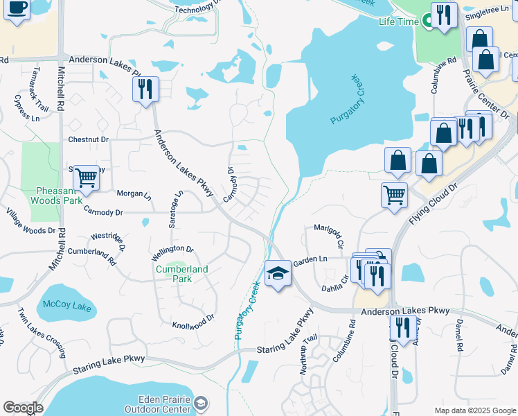 map of restaurants, bars, coffee shops, grocery stores, and more near 8545 Cortland Road in Eden Prairie