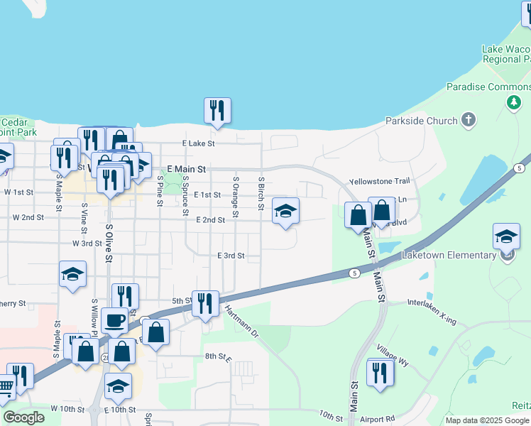 map of restaurants, bars, coffee shops, grocery stores, and more near 500 East 2nd Street in Waconia