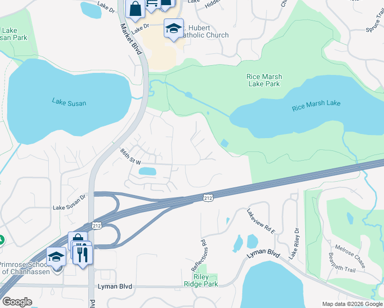 map of restaurants, bars, coffee shops, grocery stores, and more near 8590 Tigua Lane in Chanhassen