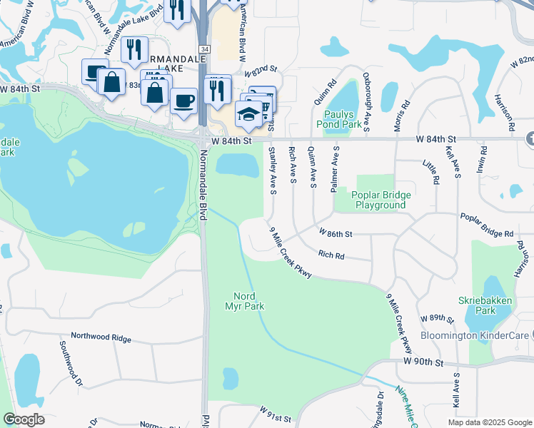 map of restaurants, bars, coffee shops, grocery stores, and more near 8532 Stanley Avenue South in Minneapolis