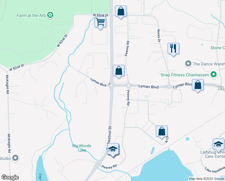 map of restaurants, bars, coffee shops, grocery stores, and more near Hazeltine Boulevard in Chaska