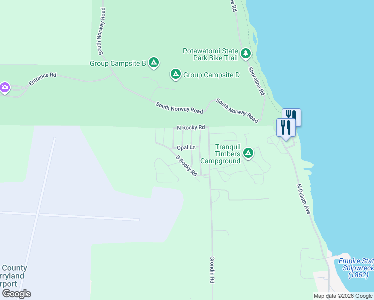 map of restaurants, bars, coffee shops, grocery stores, and more near 6577 Opal Lane in Sturgeon Bay