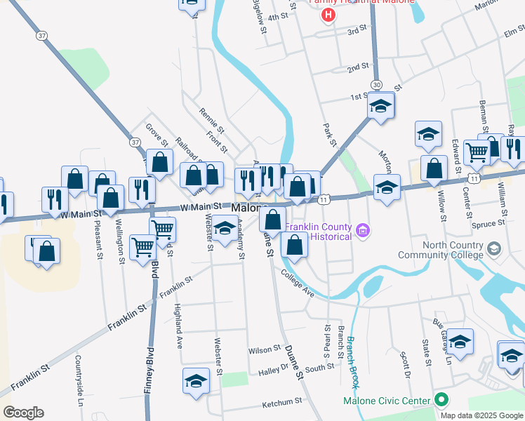 map of restaurants, bars, coffee shops, grocery stores, and more near 5 Harrison Place in Malone