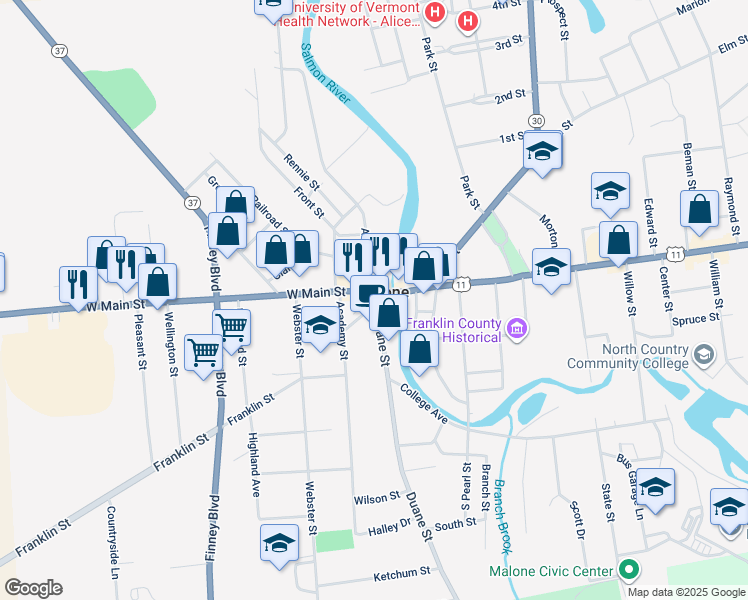 map of restaurants, bars, coffee shops, grocery stores, and more near 5 Harrison Place in Malone