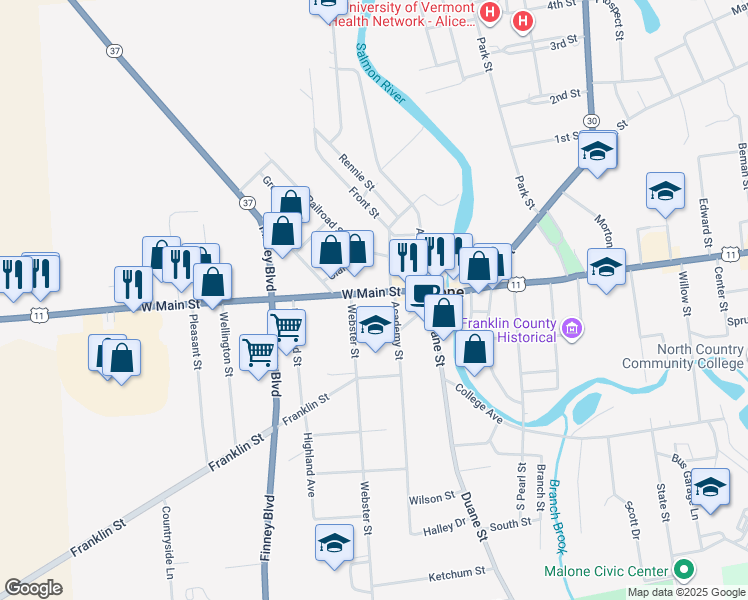 map of restaurants, bars, coffee shops, grocery stores, and more near 340 West Main Street in Malone