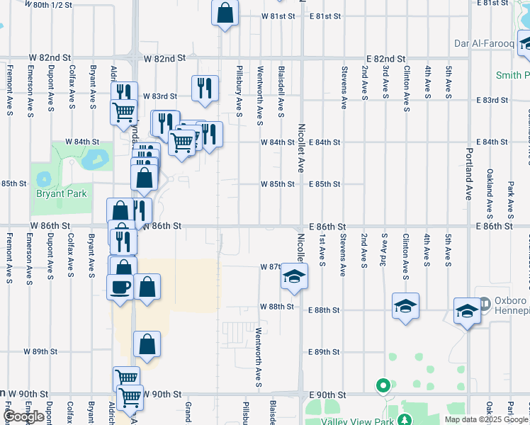 map of restaurants, bars, coffee shops, grocery stores, and more near 8531 Wentworth Avenue South in Minneapolis
