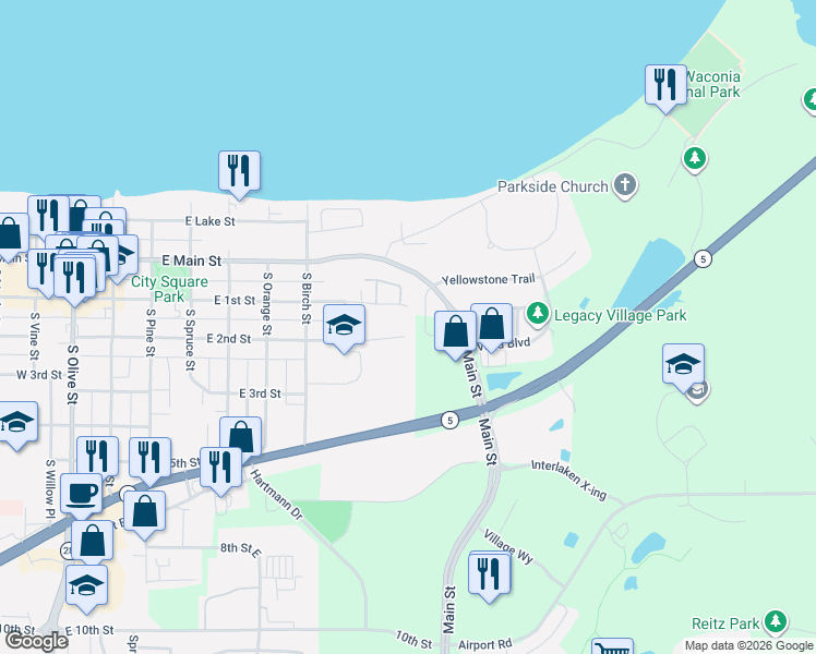 map of restaurants, bars, coffee shops, grocery stores, and more near 656 East 2nd Street in Waconia