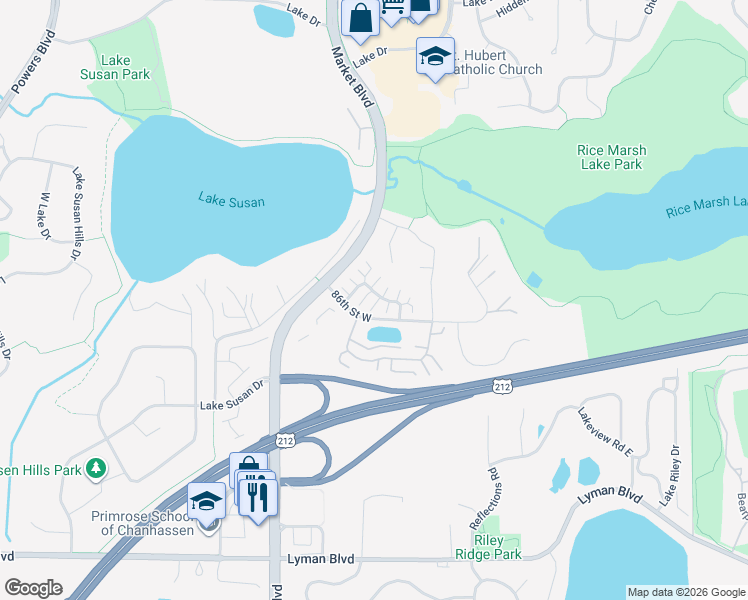 map of restaurants, bars, coffee shops, grocery stores, and more near 533 Mission Hills Drive in Chanhassen