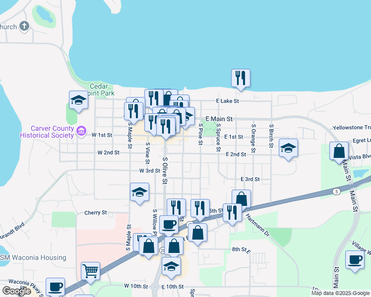 map of restaurants, bars, coffee shops, grocery stores, and more near 141 South Elm Street in Waconia