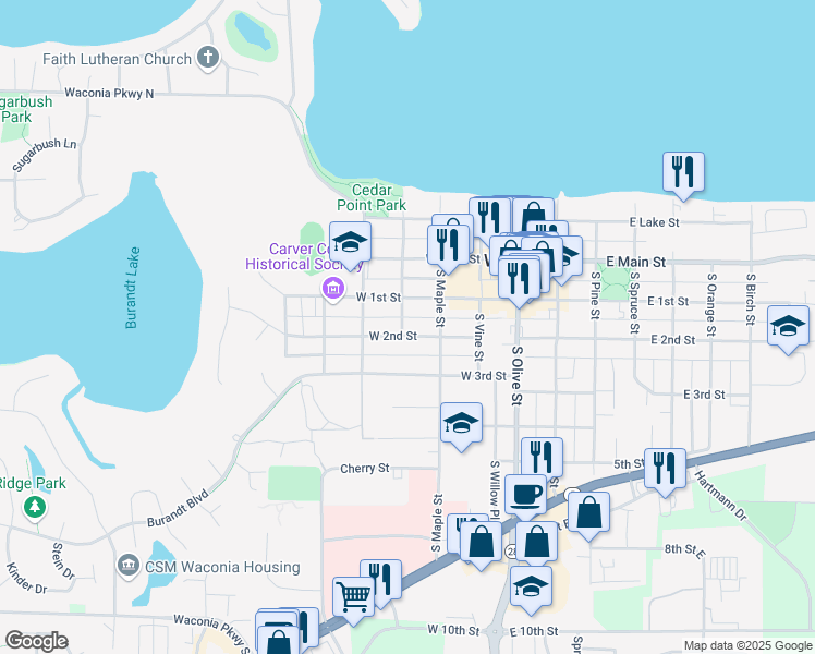map of restaurants, bars, coffee shops, grocery stores, and more near 340 West 2nd Street in Waconia