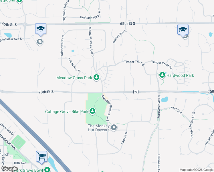 map of restaurants, bars, coffee shops, grocery stores, and more near 6908 Meadow Grass Lane South in Cottage Grove