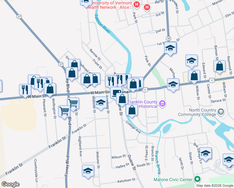 map of restaurants, bars, coffee shops, grocery stores, and more near 5 Harrison Place in Malone