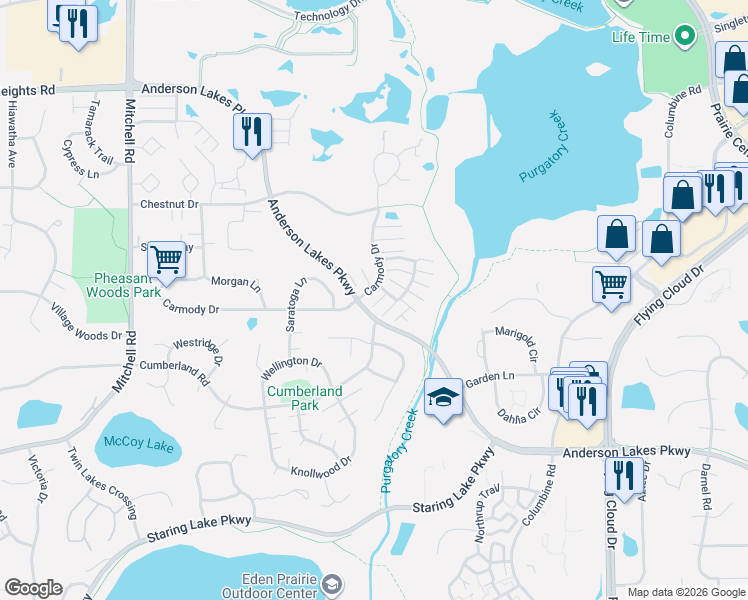 map of restaurants, bars, coffee shops, grocery stores, and more near 13607 Carmody Drive in Eden Prairie