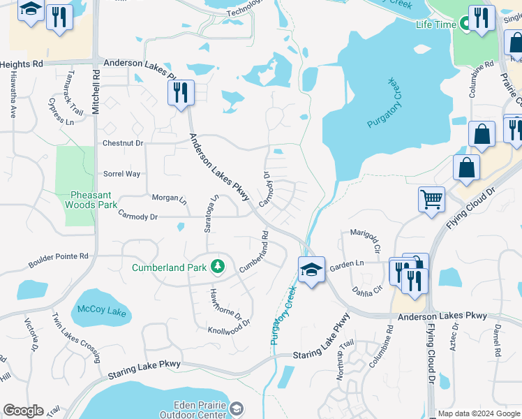 map of restaurants, bars, coffee shops, grocery stores, and more near 13607 Carmody Drive in Eden Prairie
