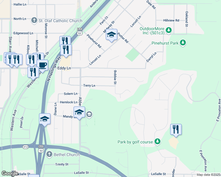 map of restaurants, bars, coffee shops, grocery stores, and more near 3151 Terry Lane in Eau Claire