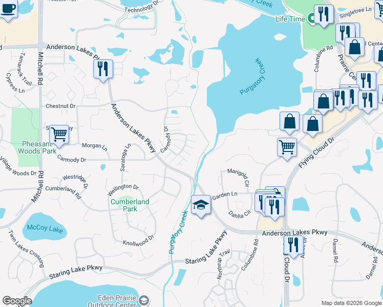 map of restaurants, bars, coffee shops, grocery stores, and more near 8475 Cortland Road in Eden Prairie
