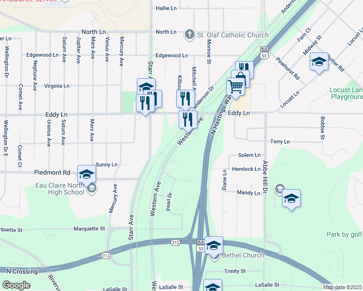 map of restaurants, bars, coffee shops, grocery stores, and more near 2865 Western Avenue in Eau Claire
