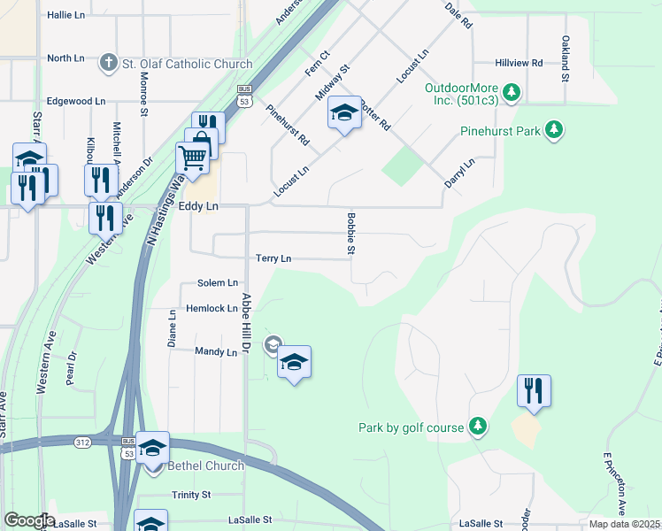 map of restaurants, bars, coffee shops, grocery stores, and more near 3151 Terry Lane in Eau Claire