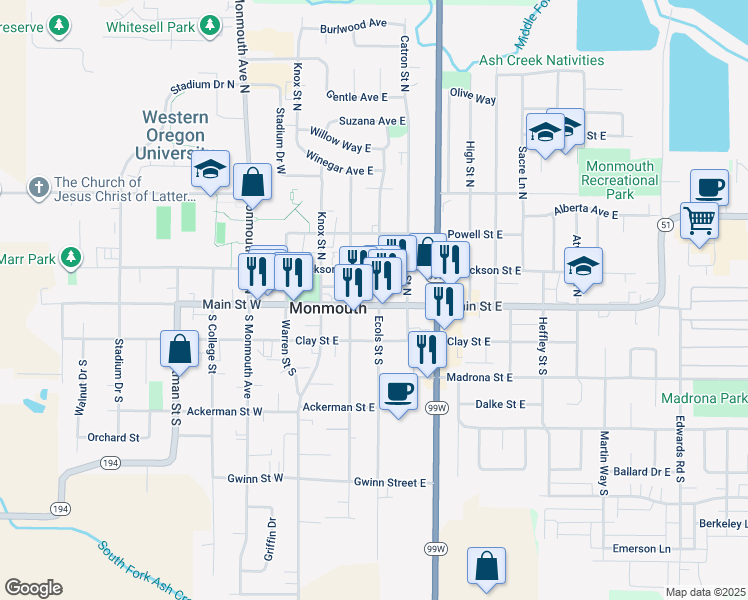 map of restaurants, bars, coffee shops, grocery stores, and more near 343 Main Street East in Monmouth