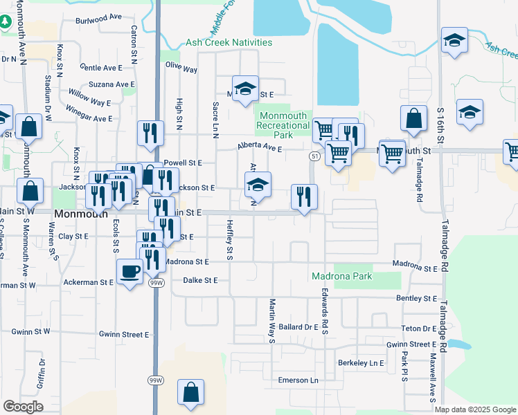 map of restaurants, bars, coffee shops, grocery stores, and more near 1140 Main Street East in Monmouth