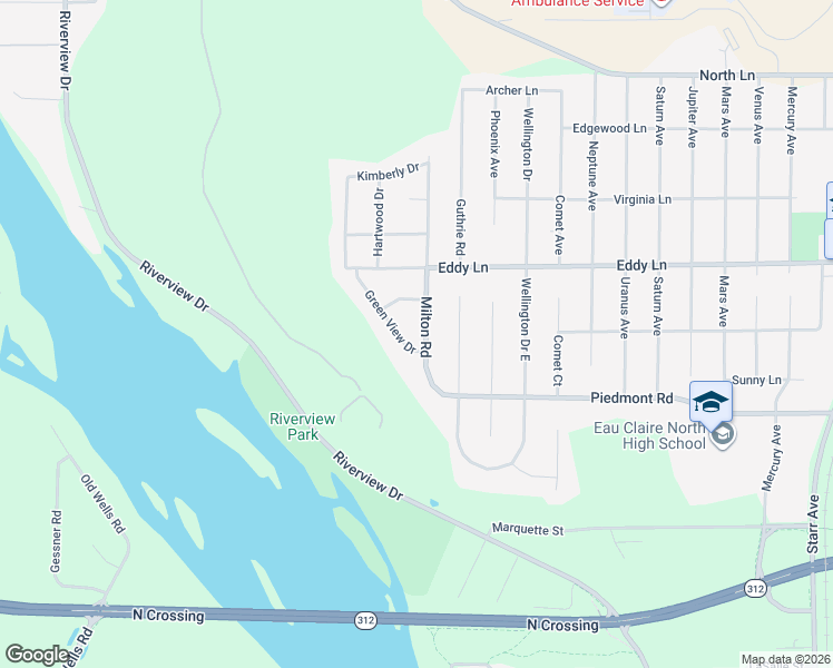 map of restaurants, bars, coffee shops, grocery stores, and more near 2845 Green View Drive in Eau Claire