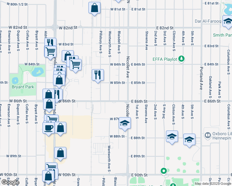 map of restaurants, bars, coffee shops, grocery stores, and more near 8531 Wentworth Avenue South in Minneapolis