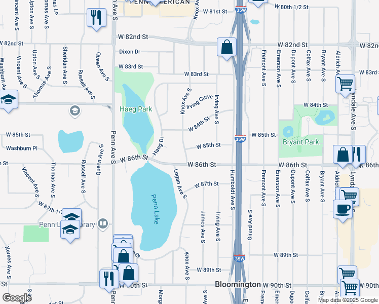 map of restaurants, bars, coffee shops, grocery stores, and more near 8506 Knox Avenue South in Bloomington