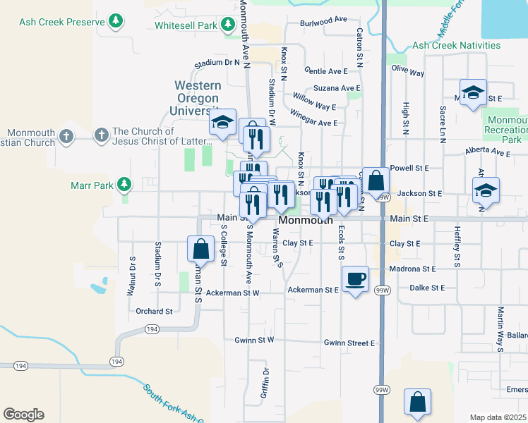 map of restaurants, bars, coffee shops, grocery stores, and more near 173 Main Street West in Monmouth