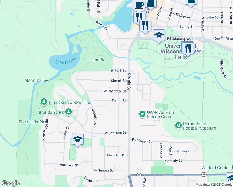 map of restaurants, bars, coffee shops, grocery stores, and more near 207 Foster Street in River Falls
