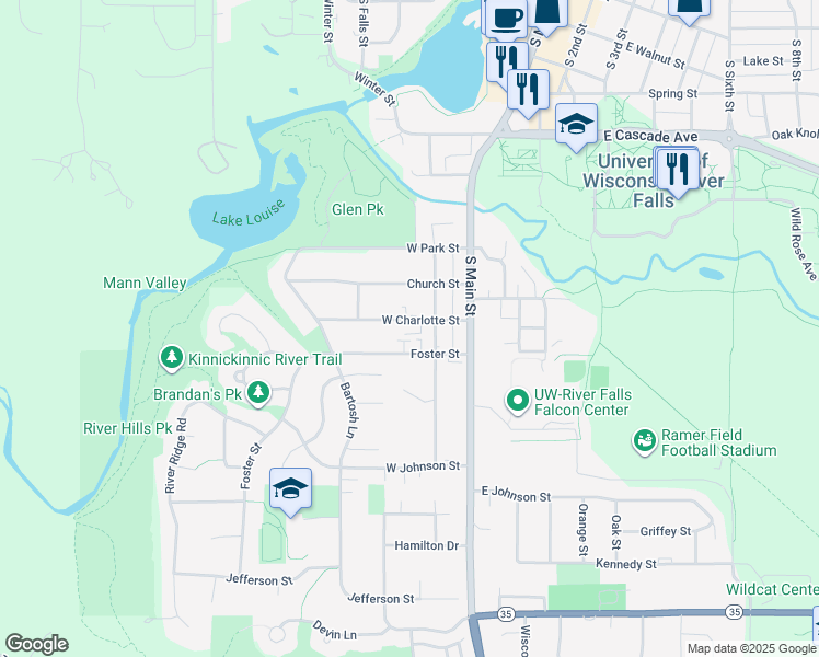 map of restaurants, bars, coffee shops, grocery stores, and more near 245 Foster Street in River Falls