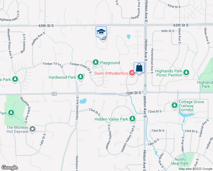 map of restaurants, bars, coffee shops, grocery stores, and more near 6885 Pine Crest Trail South in Cottage Grove