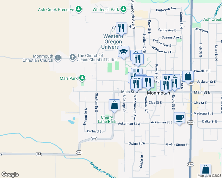 map of restaurants, bars, coffee shops, grocery stores, and more near 130 Whitman Street North in Monmouth