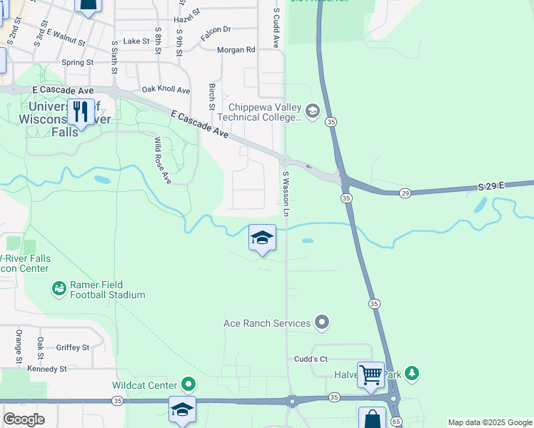 map of restaurants, bars, coffee shops, grocery stores, and more near 1144 Southfork Drive in River Falls