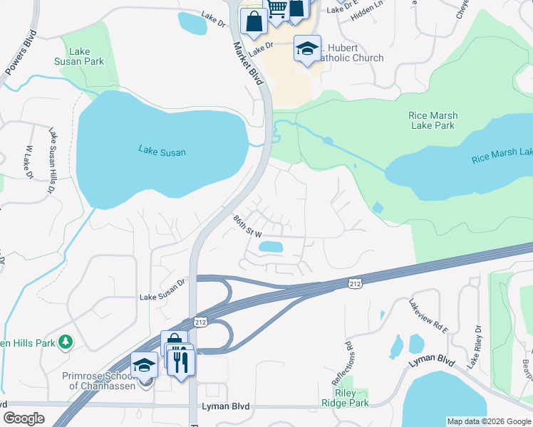 map of restaurants, bars, coffee shops, grocery stores, and more near 533 Mission Hills Drive in Chanhassen